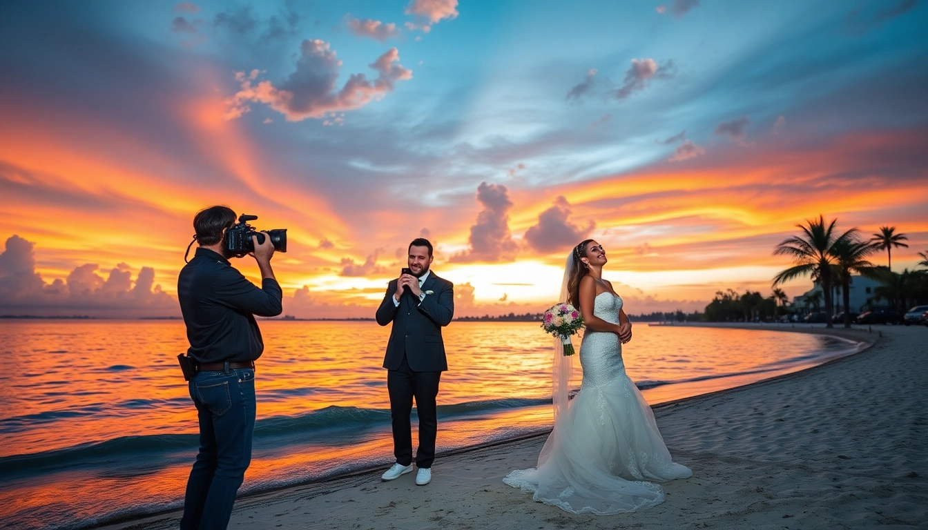 Stunning wedding photography by a professional photographer in Tampa at sunset, capturing an emotional moment.