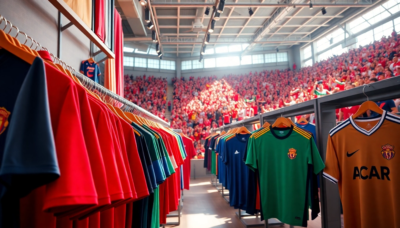 Shop for vibrant discount football shirts featuring iconic team logos in a lively setting.