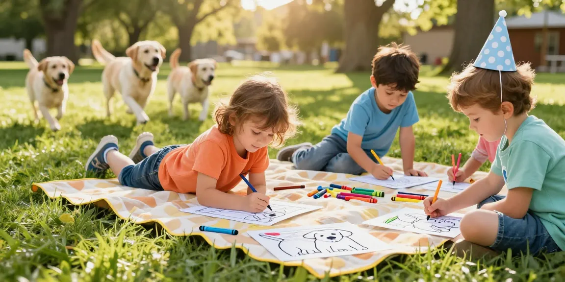 Easy coloring for preschoolers with children coloring Labrador Retriever pages outdoors in a sunny setting.