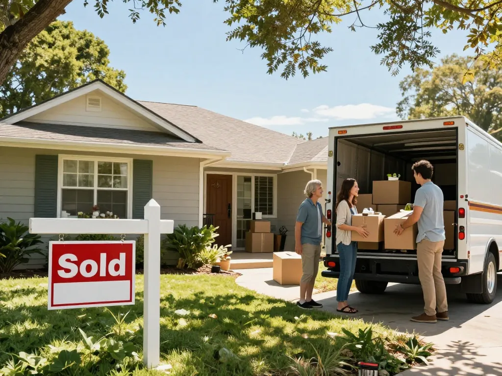 Sell my house fast for cash with a happy family moving boxes outside their house, reflecting ease of sale.