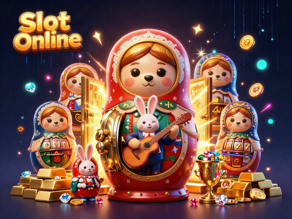 Slot Online menampilkan beruang Matryoshka 3D bermain di kasino dengan harta karun yang meriah
