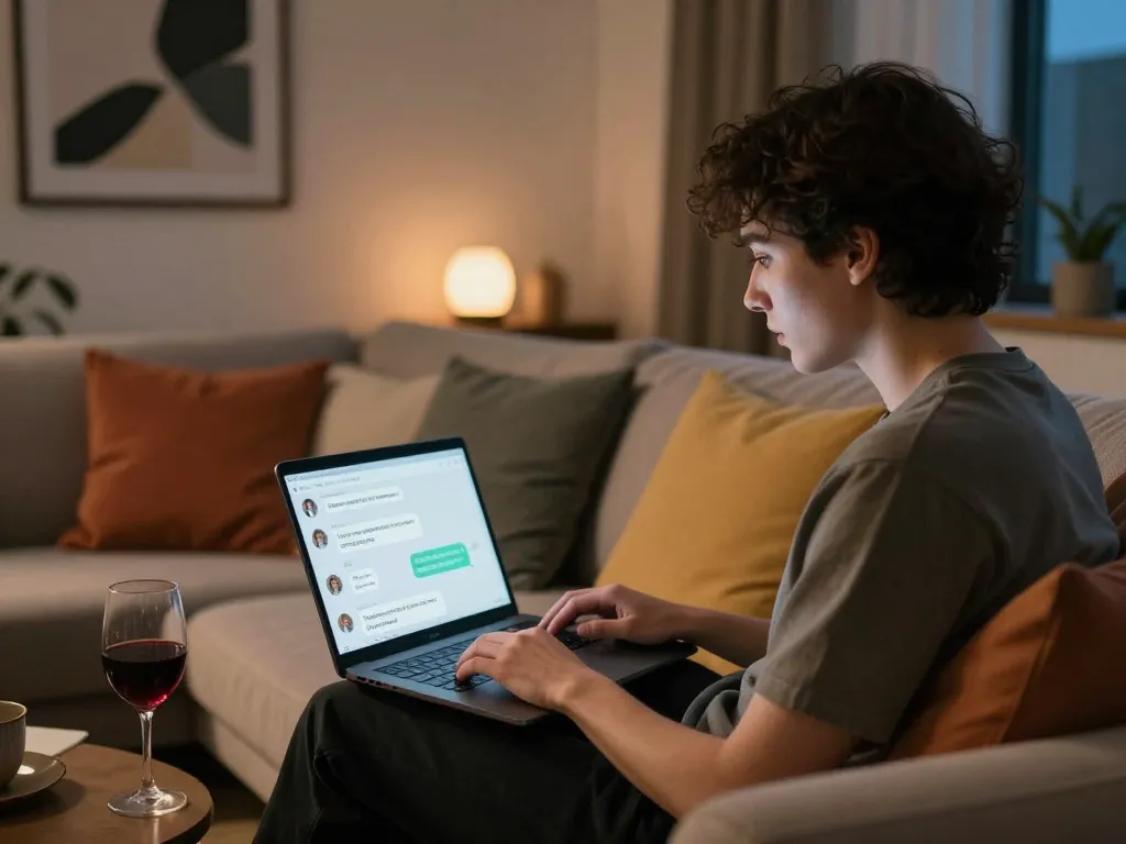 Engaging in NSFW AI chat on a laptop in a cozy living room.
