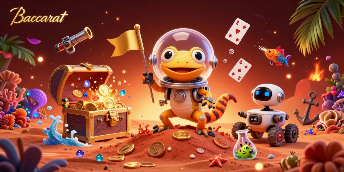 Baccarat game-themed illustration featuring a gecko in space suit surrounded by treasures and cheer