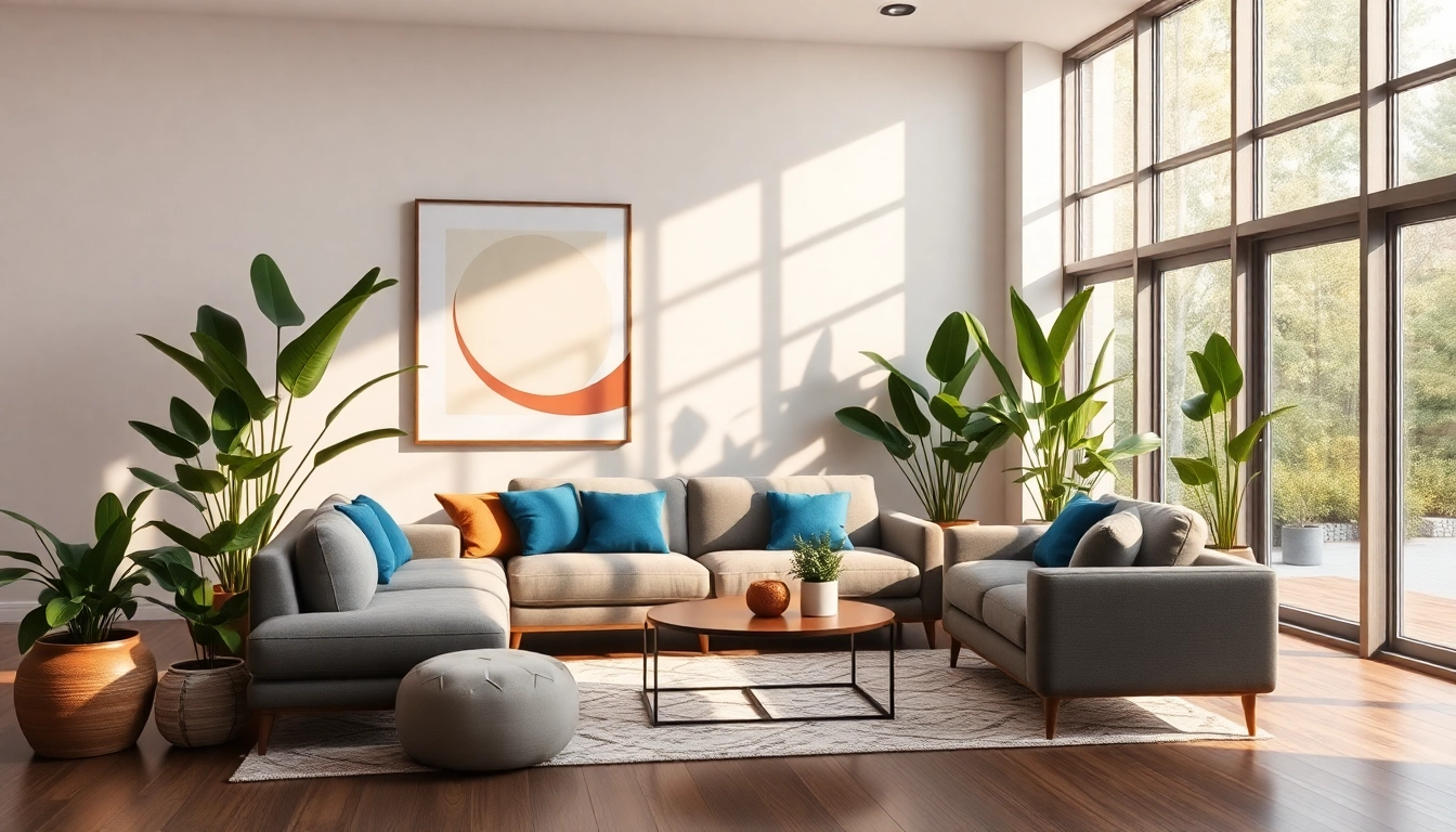 A vibrant living room with modern furniture near me and stylish decor elements for an inviting atmosphere.