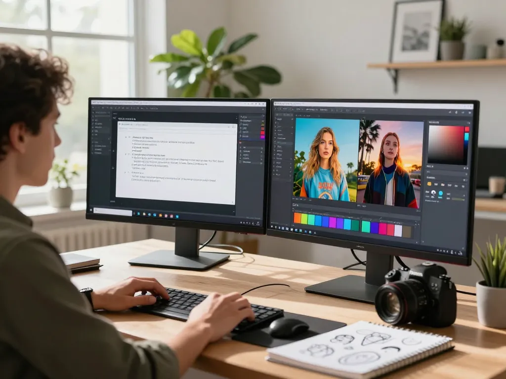 Designer showcasing the nano banana AI image editor with vibrant visuals on multiple screens in a bright workspace.