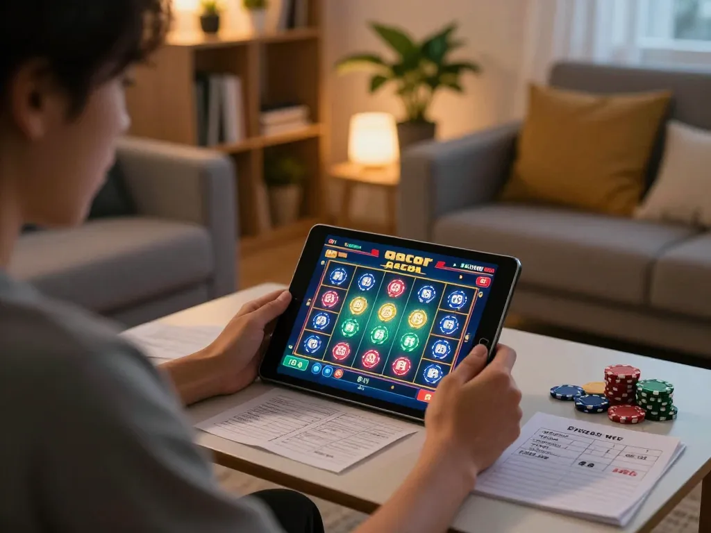 Engaging in slot gacor gameplay on a tablet in a cozy home setting, showcasing responsible gaming strategies.