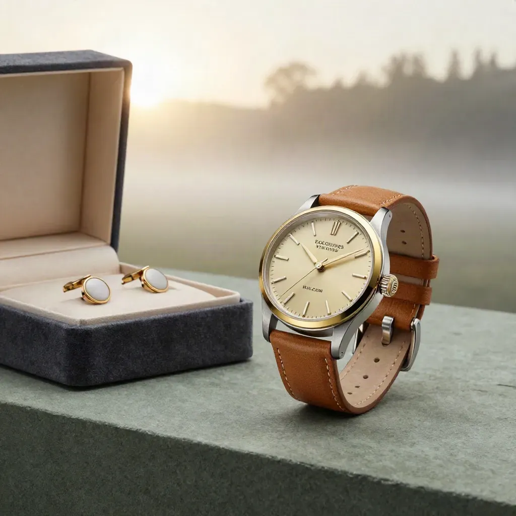 Gold watch with open leather strap beside gift box, cufflinks, and velvet tray on sage stone.