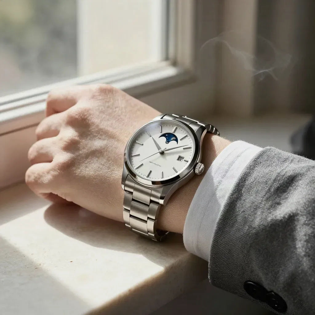 Moonphase watch on an ivory wool cuff over ash-grey linen, lit by soft morning light.