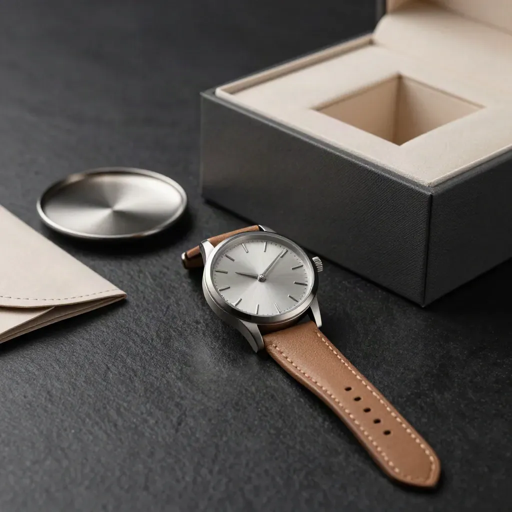 Luxury watch, leather strap, and presentation box on a dark studio surface with dramatic lighting.