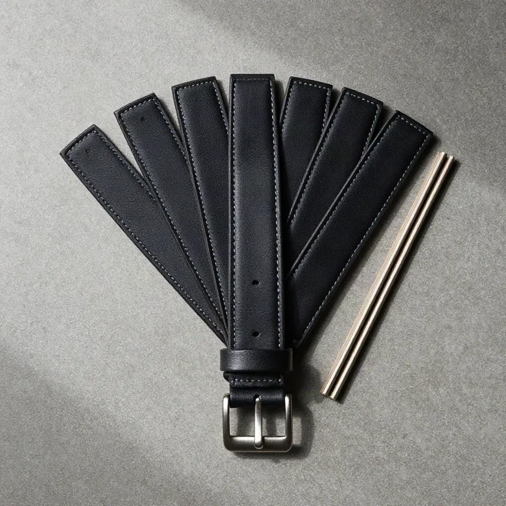 Overhead flatlay of a black leather watch strap with buckle and spring bars on concrete
