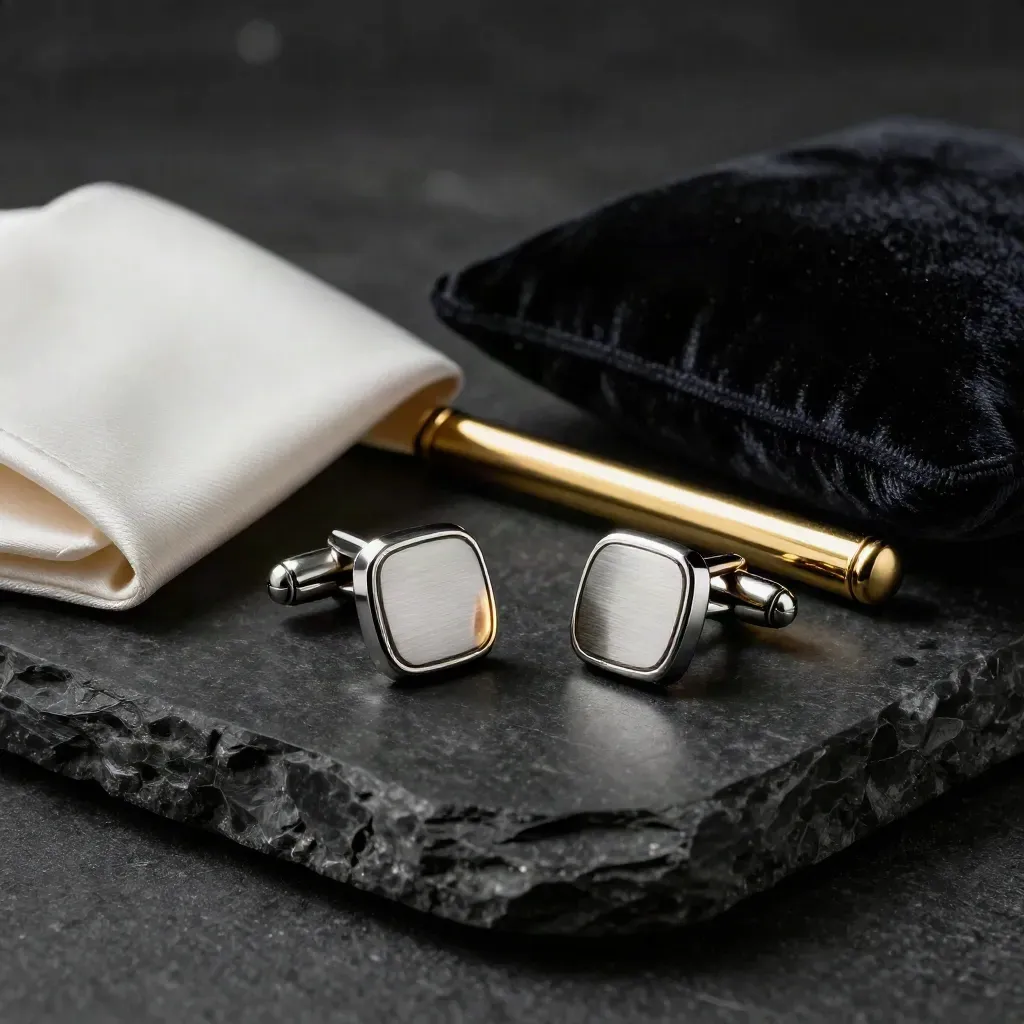 Gold cufflinks with satin cuff, tie bar, and velvet pad on a dark studio surface.