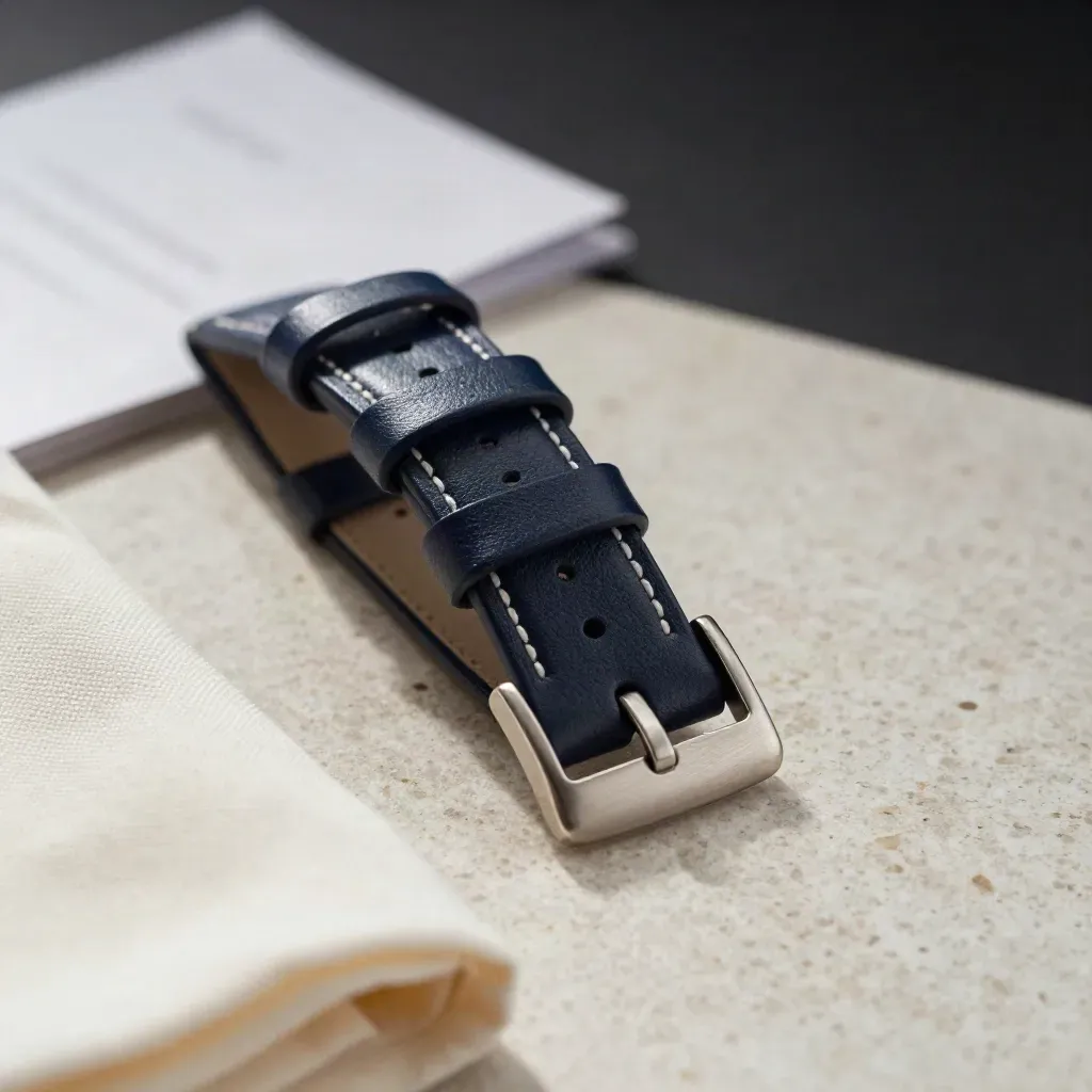Dover navy watch strap with white stitching beside a steel watch head on travertine and cotton cloth