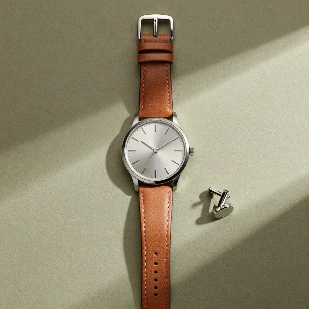 Overhead silver watch flatlay with strap and cufflinks on a khaki slab