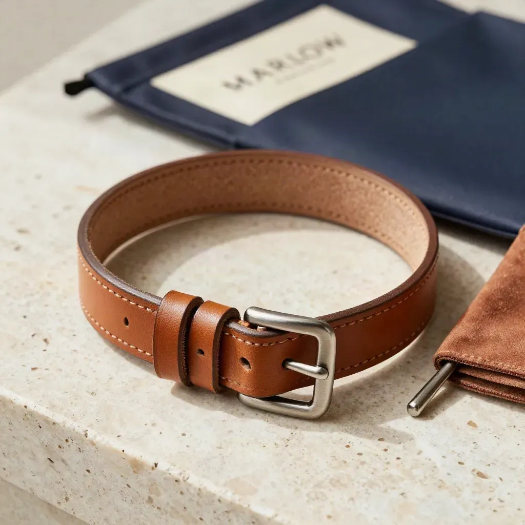 Leather strap kit on travertine with buckle, spring bars and pouch, softly lit with navy accents.