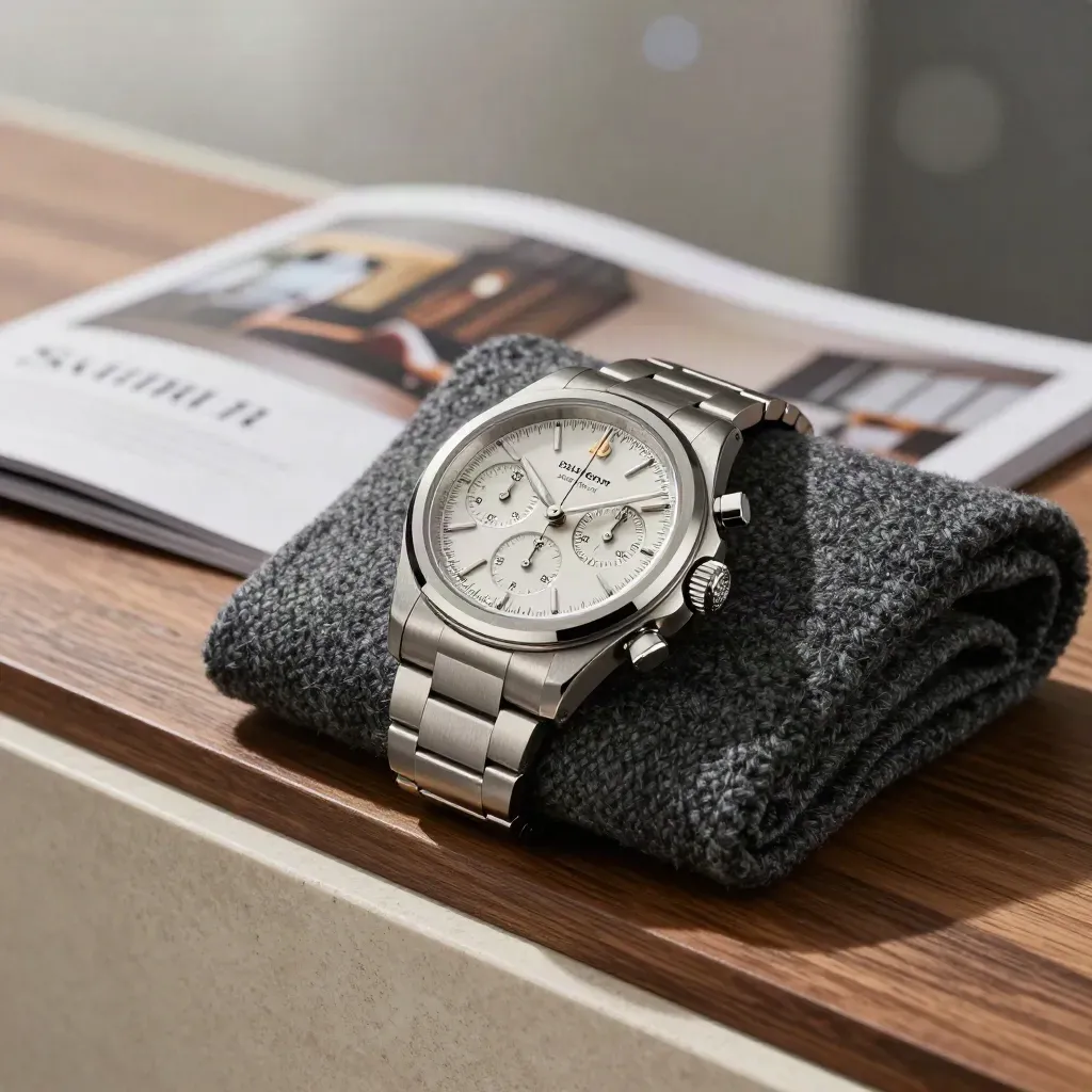 Chronograph watch leaning on a folded wool cuff in a warm executive lounge setting