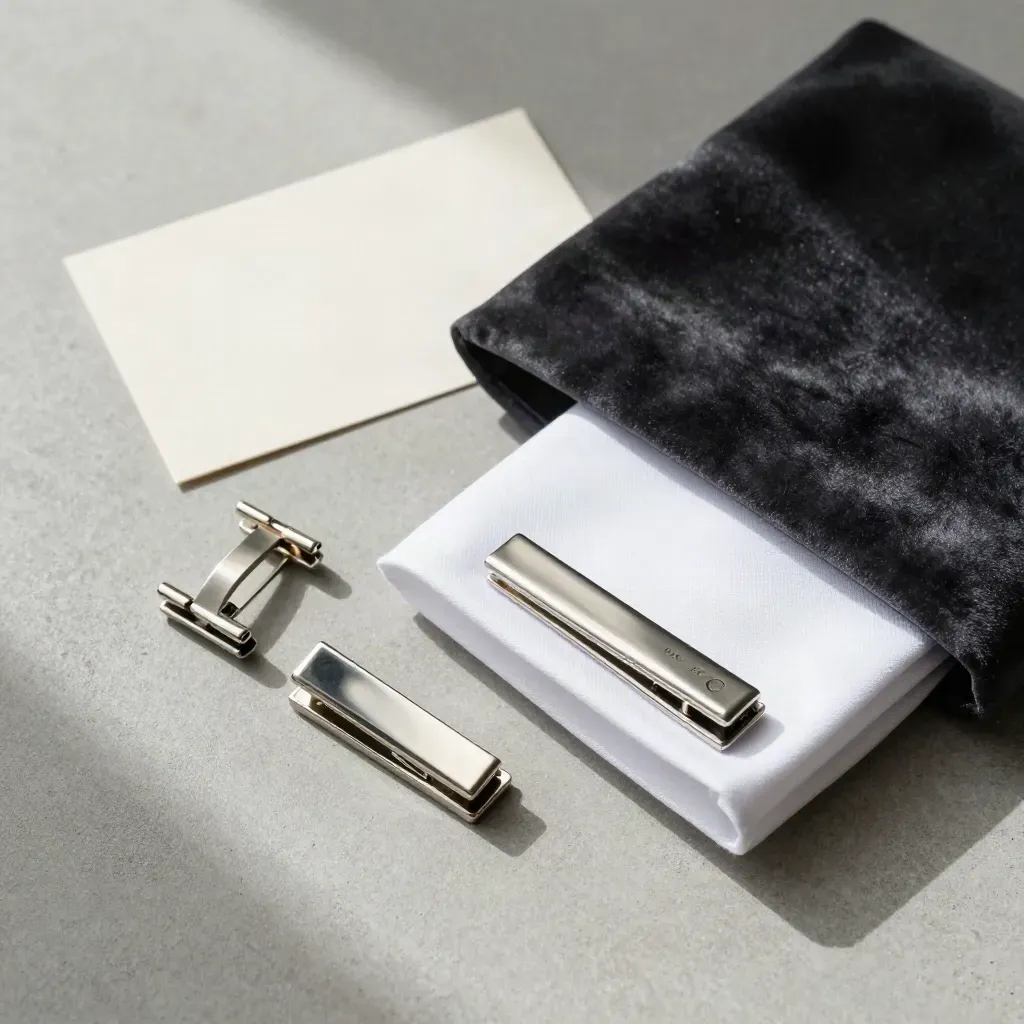 Two silver cuff clips with velvet pouch and shirt cuff on pale concrete.