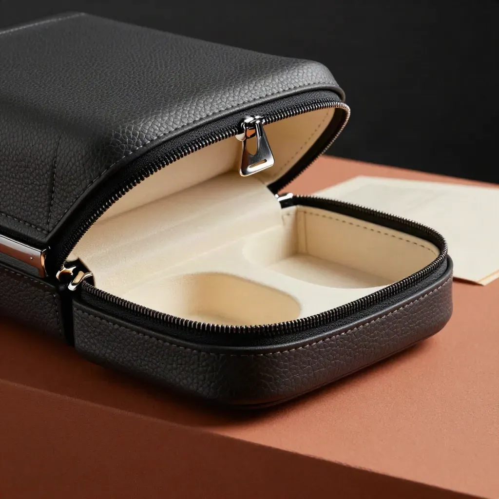 Macro of a pebbled leather watch travel case opening to reveal ivory lining and two recesses.