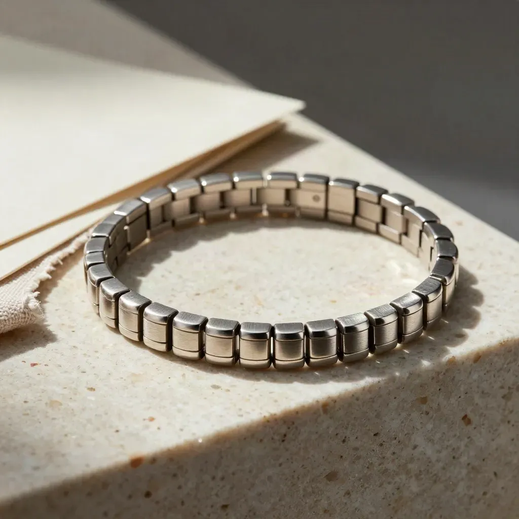 Silver bracelet arcing on a cream travertine tray with soft linen and cool light.