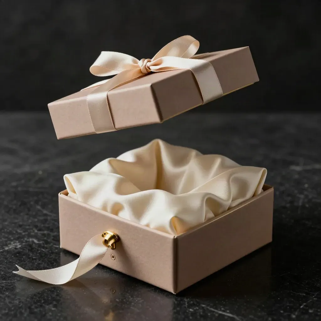 Open luxury gift box with satin insert and gold ribbon on a black surface