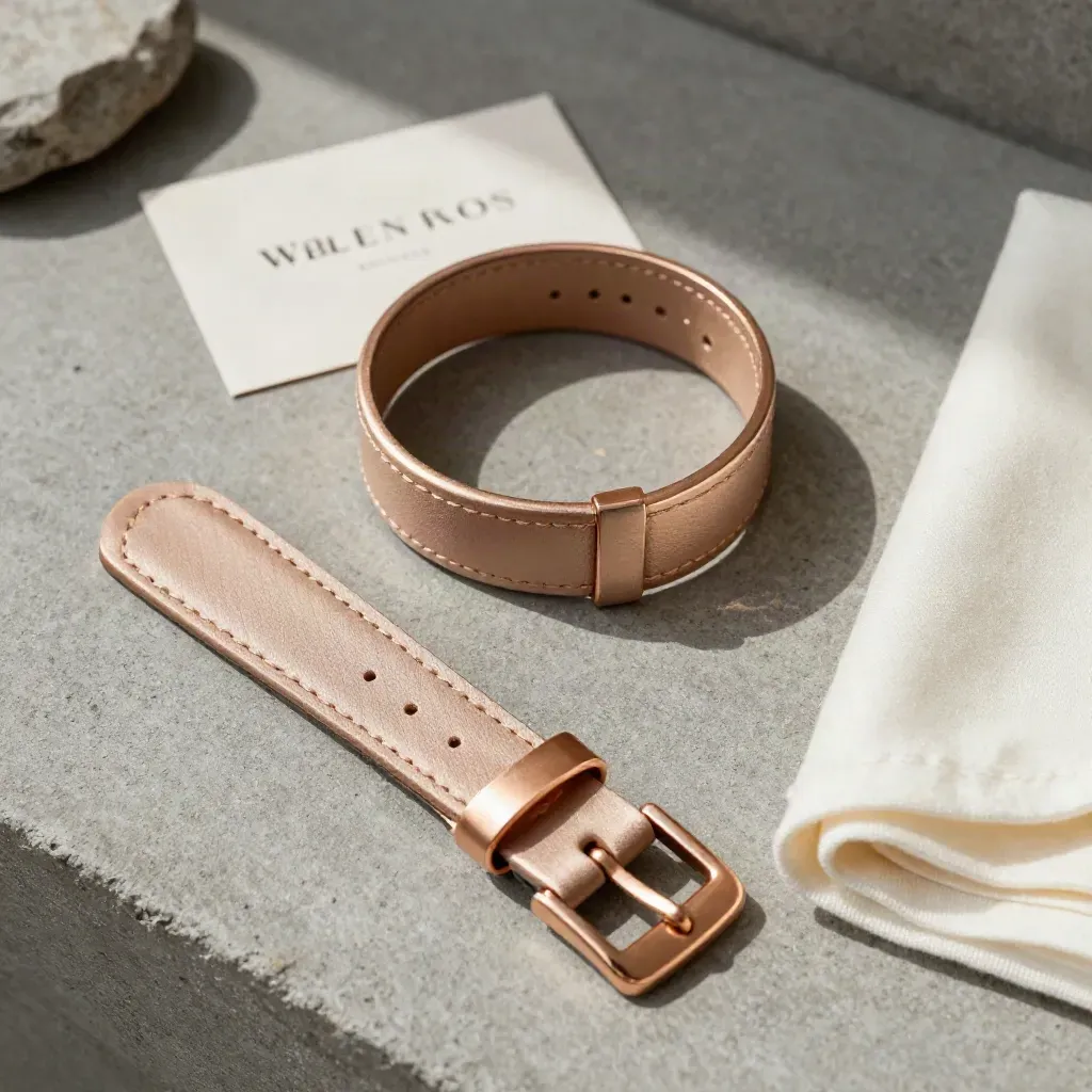 Overhead flatlay of a rose gold watch strap, buckle, spring bars, and cloth on graphite stone.