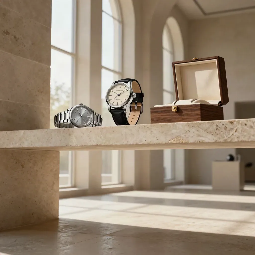 Luxury men's watches on limestone plinths in a sunlit gallery interior with calm copy space