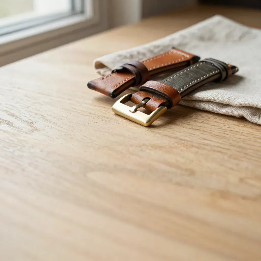 Rolled leather watch straps with brass buckle and linen on pale oak in soft window light.