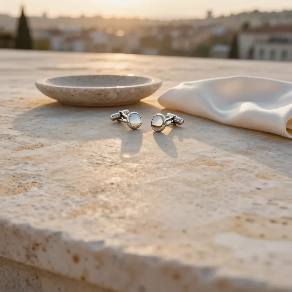 Silver cuff links on a travertine terrace with warm sunset haze and city blur