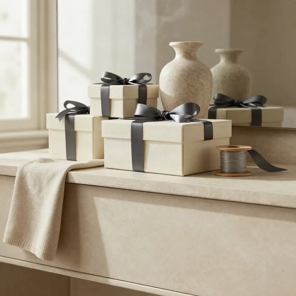Ivory gift boxes, ribbon spool, and stone vase on a serene plaster console