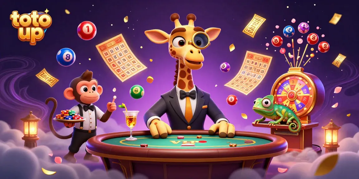 Engage in exciting gaming with the vibrant scene of toto up, featuring a high-roller giraffe and dynamic casino elements.