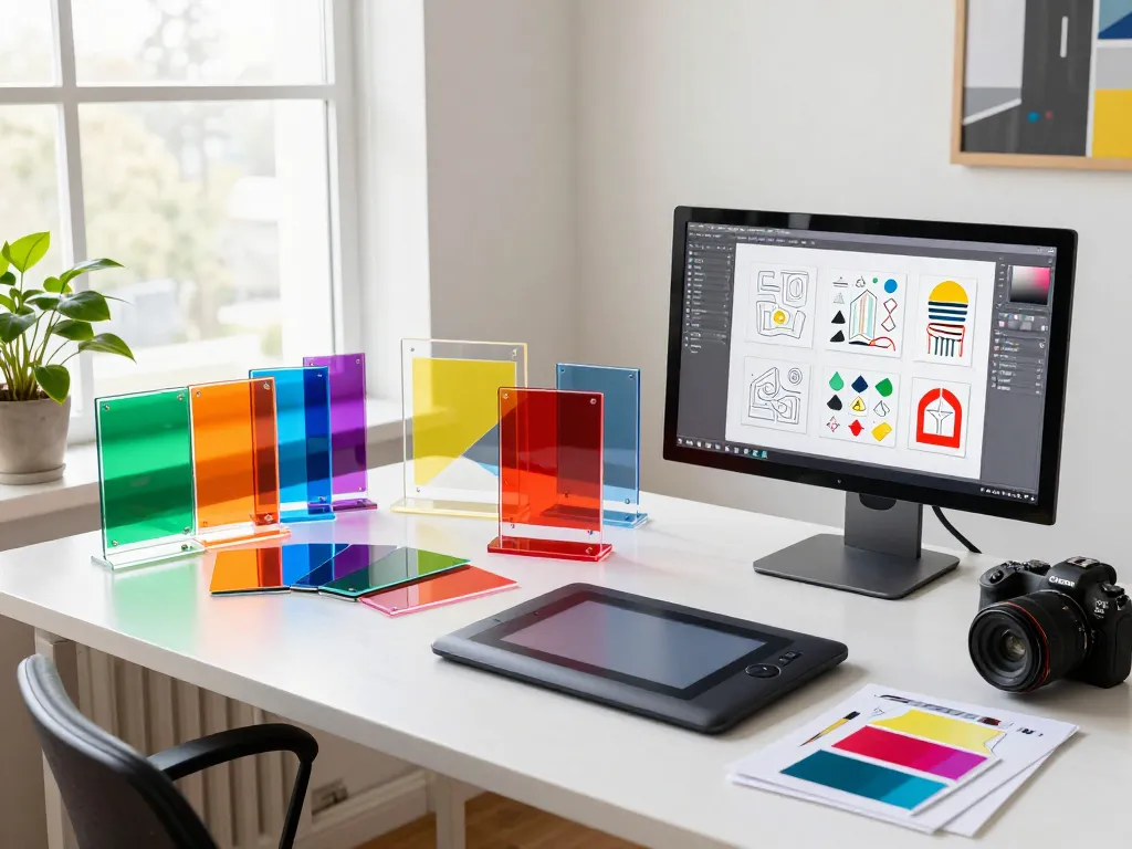 Custom acrylic standee designs in a creative studio environment showing vibrant colors and unique shapes.