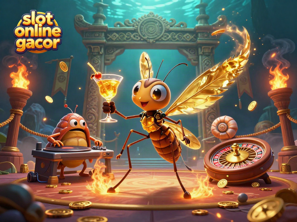Engage with slot online gacor through an exciting scene featuring a mascot, DJ, and roulette elements.