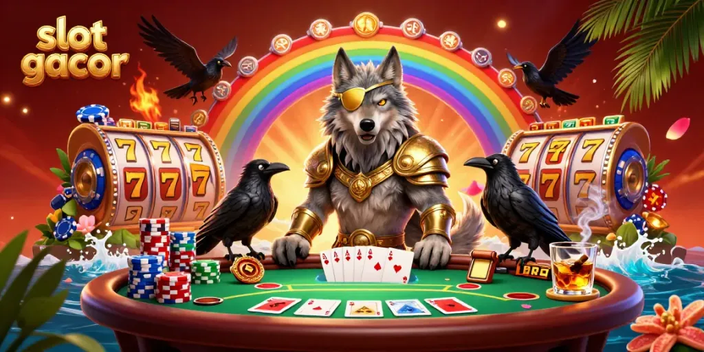 Experience slot gacor excitement with a vibrant casino scene featuring mythical characters and game elements.