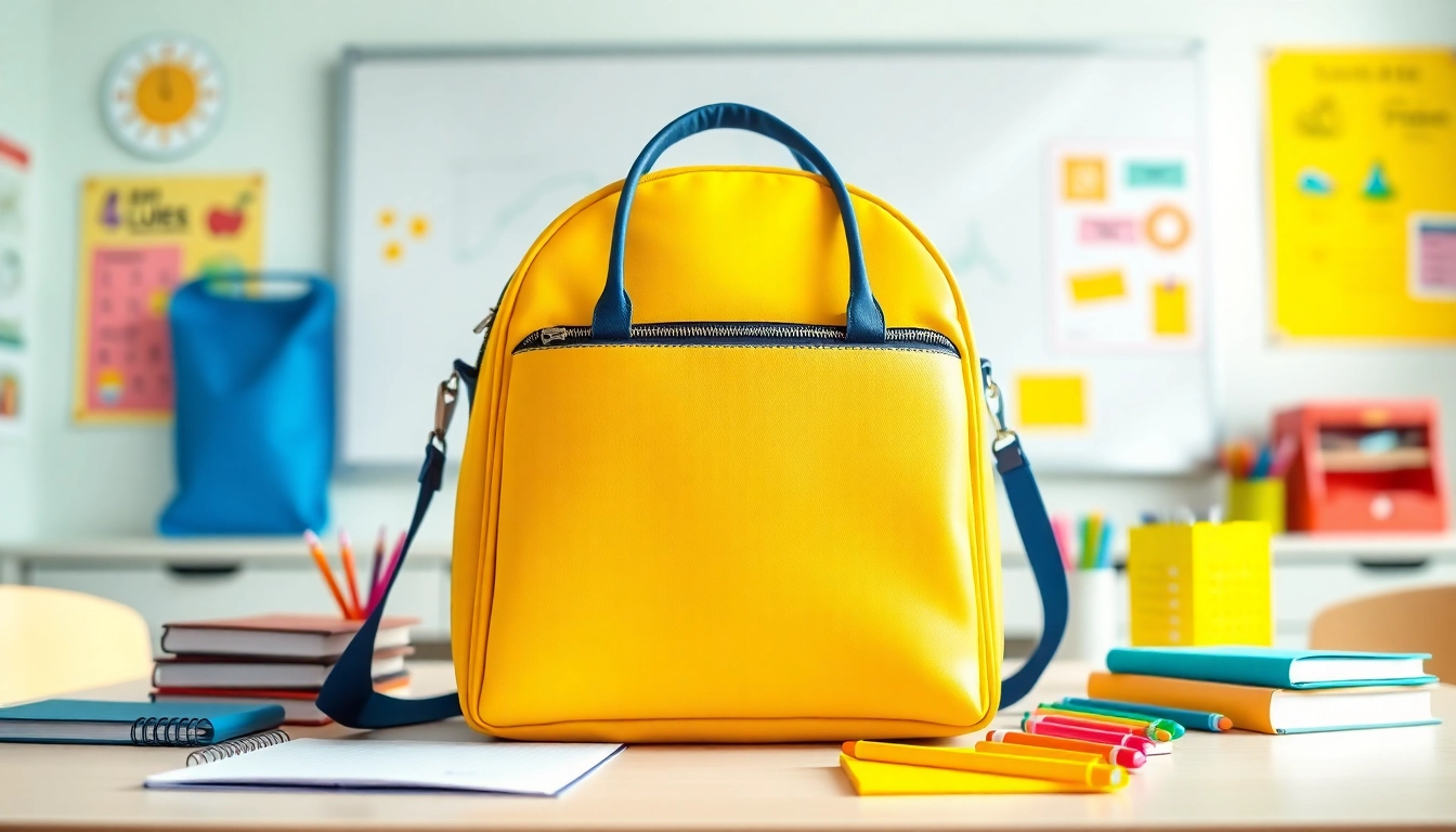Entdecken Sie die Handytasche Schule in einem hellen Klassenzimmer mit Schulmaterialien.