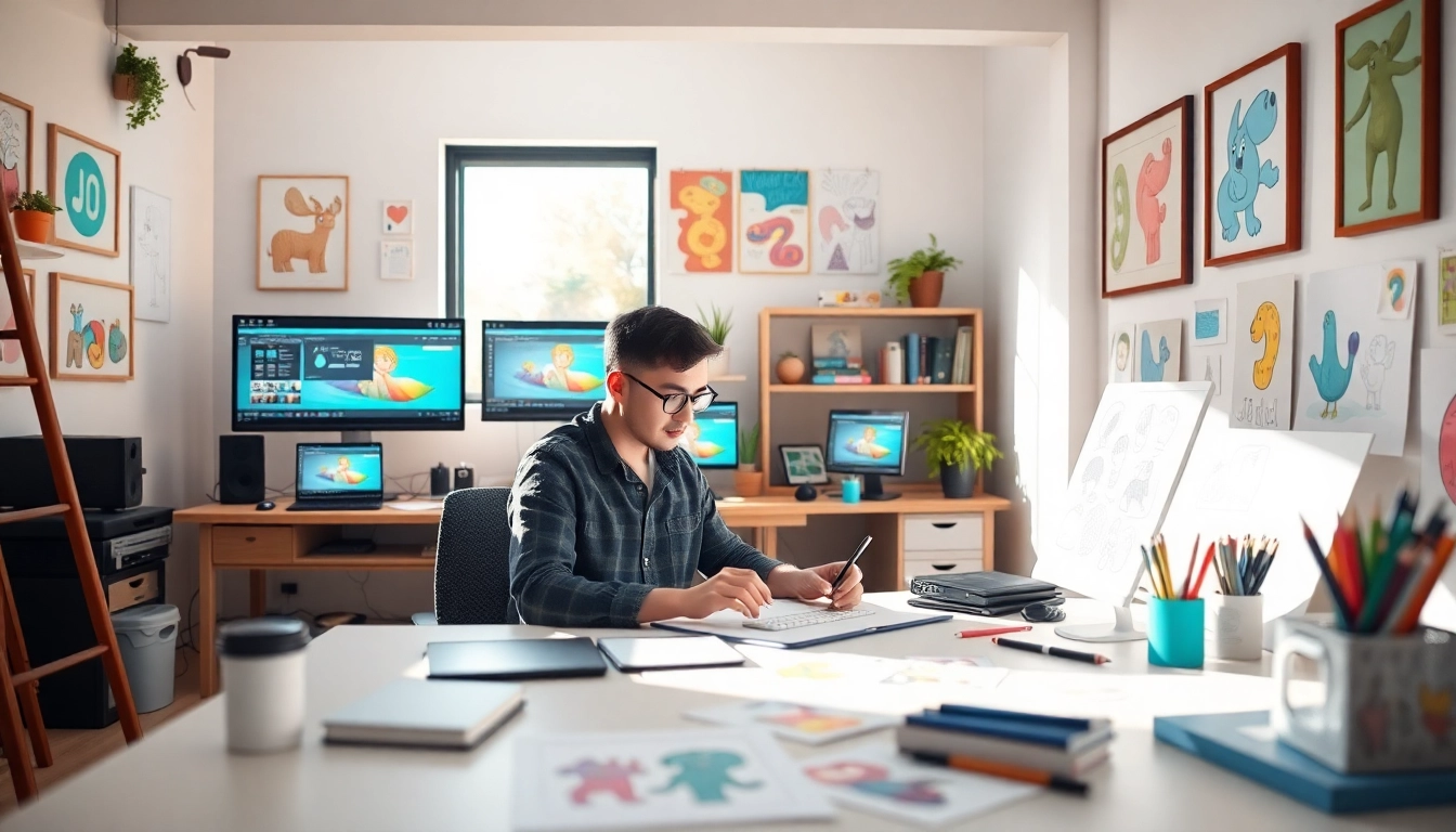 Animation Erstellen in einem professionellen Studio mit einem Designer, der an einem Projekt arbeitet.