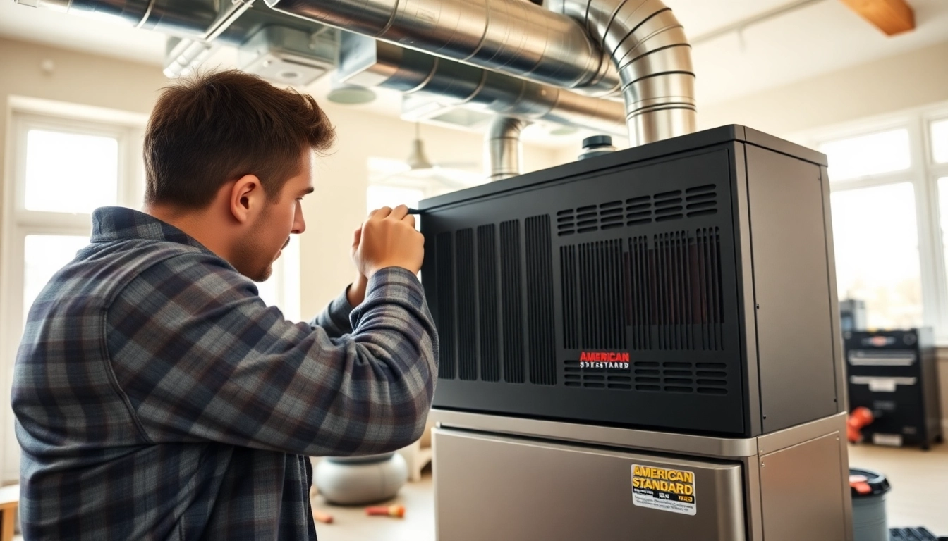 Technician installing a modern American Standard furnace in a well-lit home setting.
