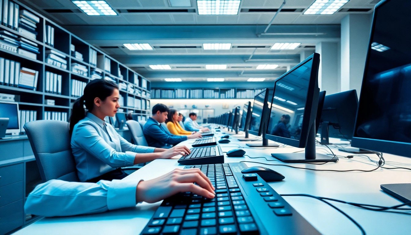 Efficient workspace at a typing center showcasing focused individuals and modern equipment.
