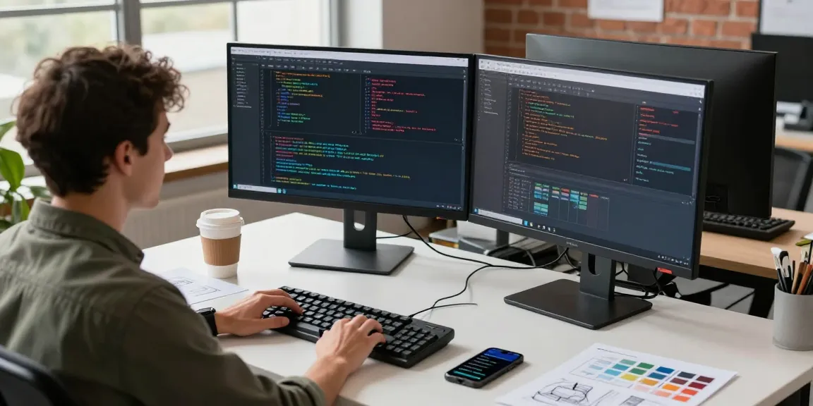 Developer using Snipaste on dual monitors in a modern tech workspace with vibrant interface designs.
