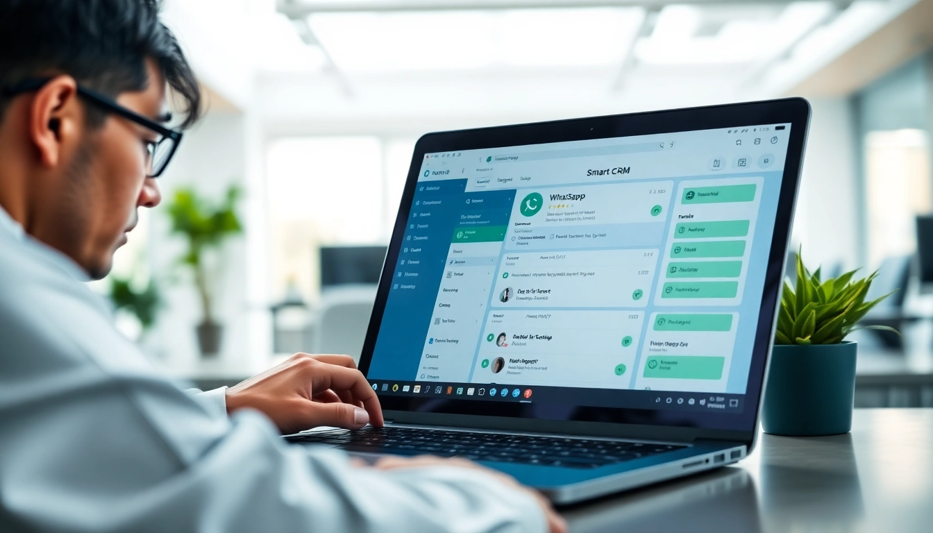 Enhancing workflow with WhatsApp Smart CRM on a laptop, showcasing modern office productivity.