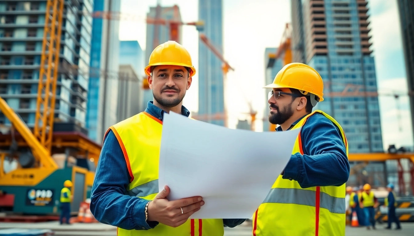 New York Construction Manager analyzing blueprints at an active construction site with cranes.
