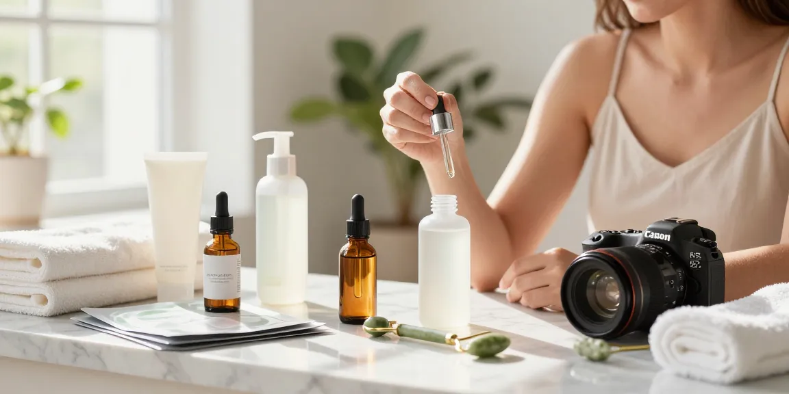 Femeie aplicând ser de îngrijire a pielii într-o baie luminoasă și primitoare, cu lumină naturală, înconjurată de diverse produse de frumusețe.