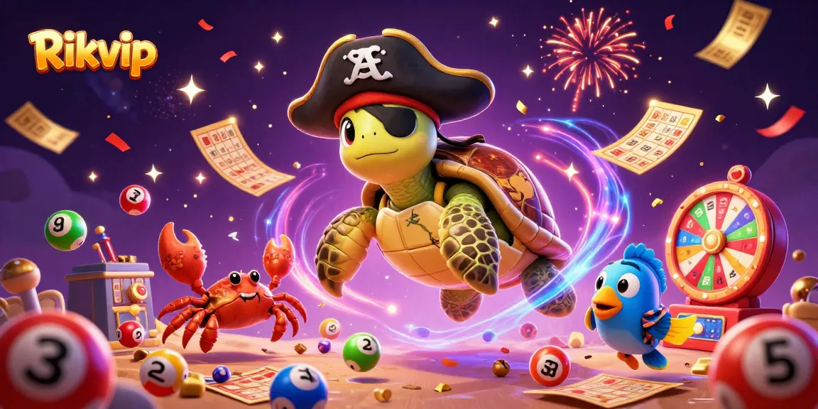Join the excitement at Rikvip with a vibrant casino scene filled with lottery balls and treasure!