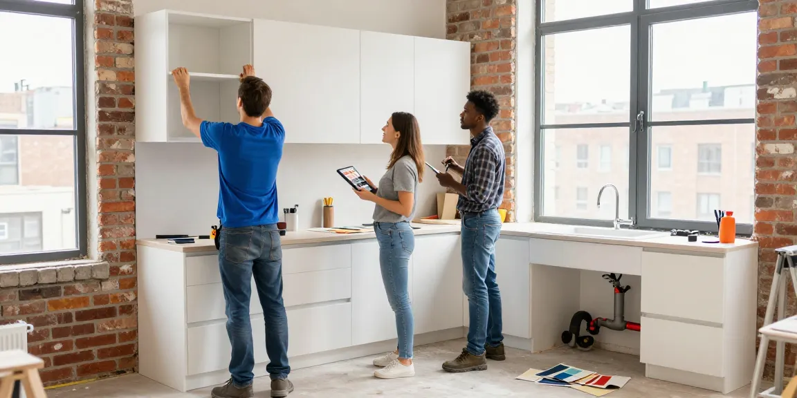 Professional home renovation team collaborating on a modern kitchen remodel in an urban apartment, showcasing craftsmanship and design.