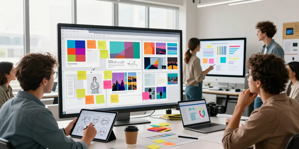 Engaged team collaborating on creative concepts using a mixboard in a modern office setting, showcasing vibrant designs and brainstorming materials.