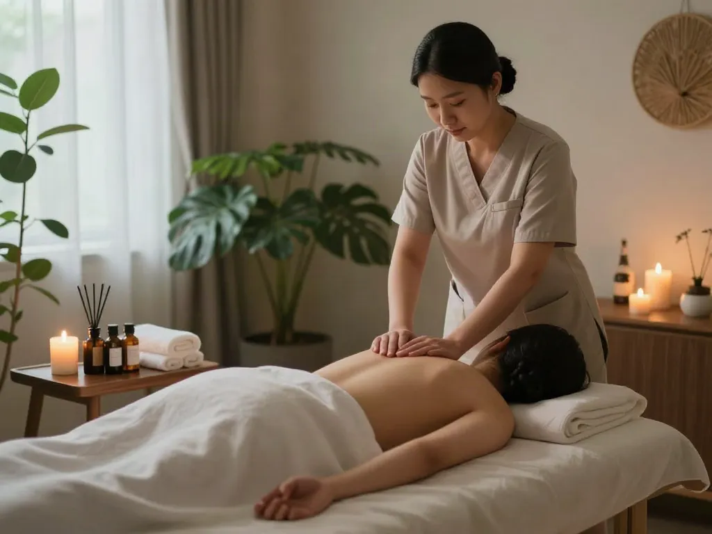 서초출장마사지 in a relaxing home spa atmosphere with soft lighting and herbal oils.