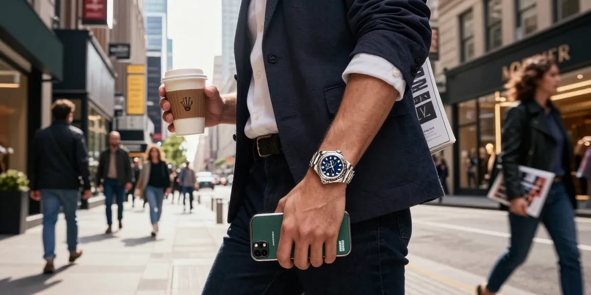 Stylish individual showcasing a Rolex replica watch in bustling urban setting.