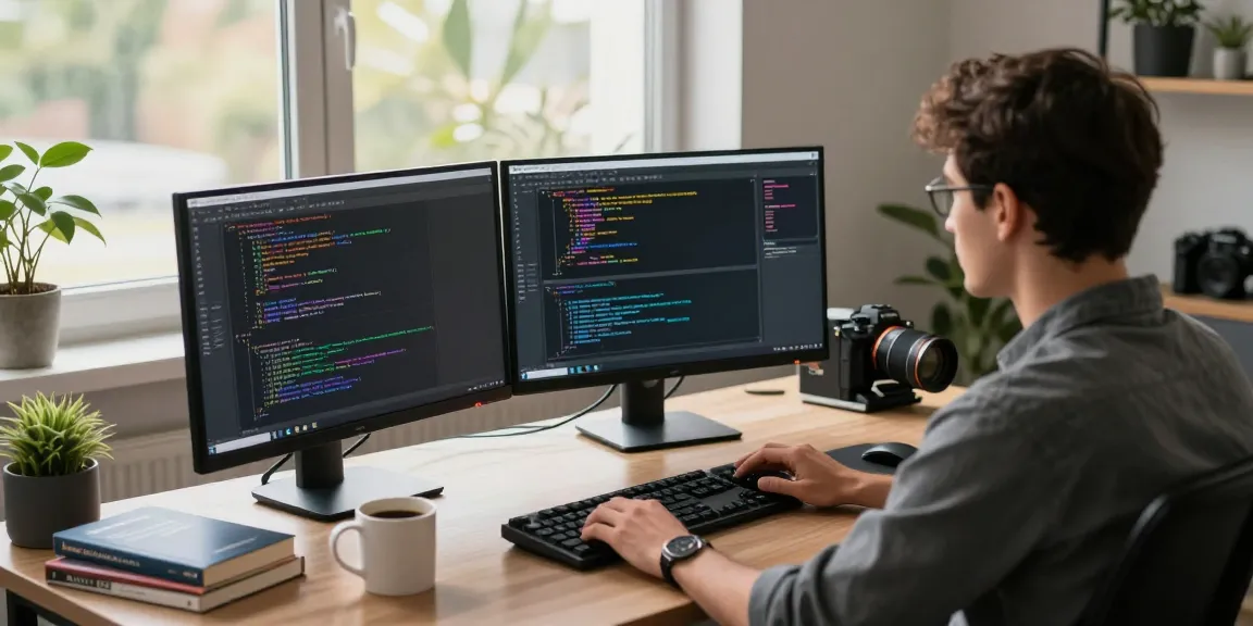 Dynamic software development scene with coder and vibrant displays highlighting cika4d.