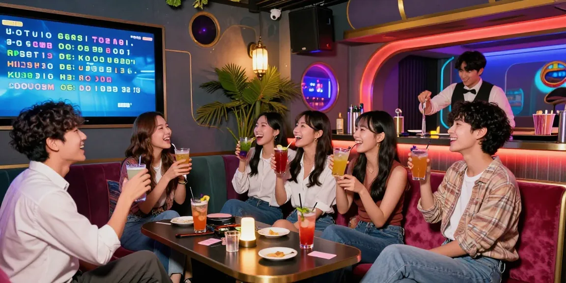 제주유흥의 카라오케 바에서 친구들과 즐거운 시간을 보내는 모습을 담은 화려한 야경