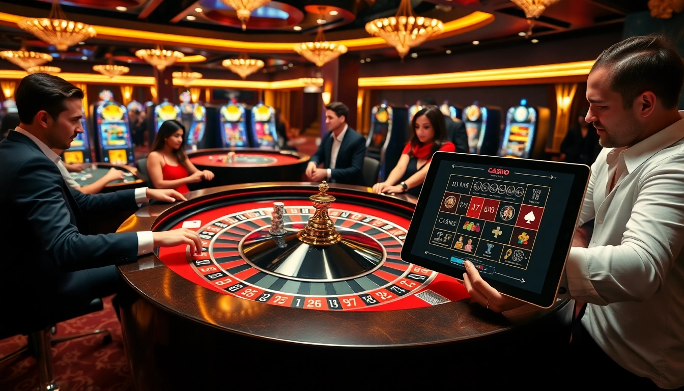 Scène de jeu passionnante représentant le casino en ligne France avec des éléments de roulette, de poker, et de luxe.