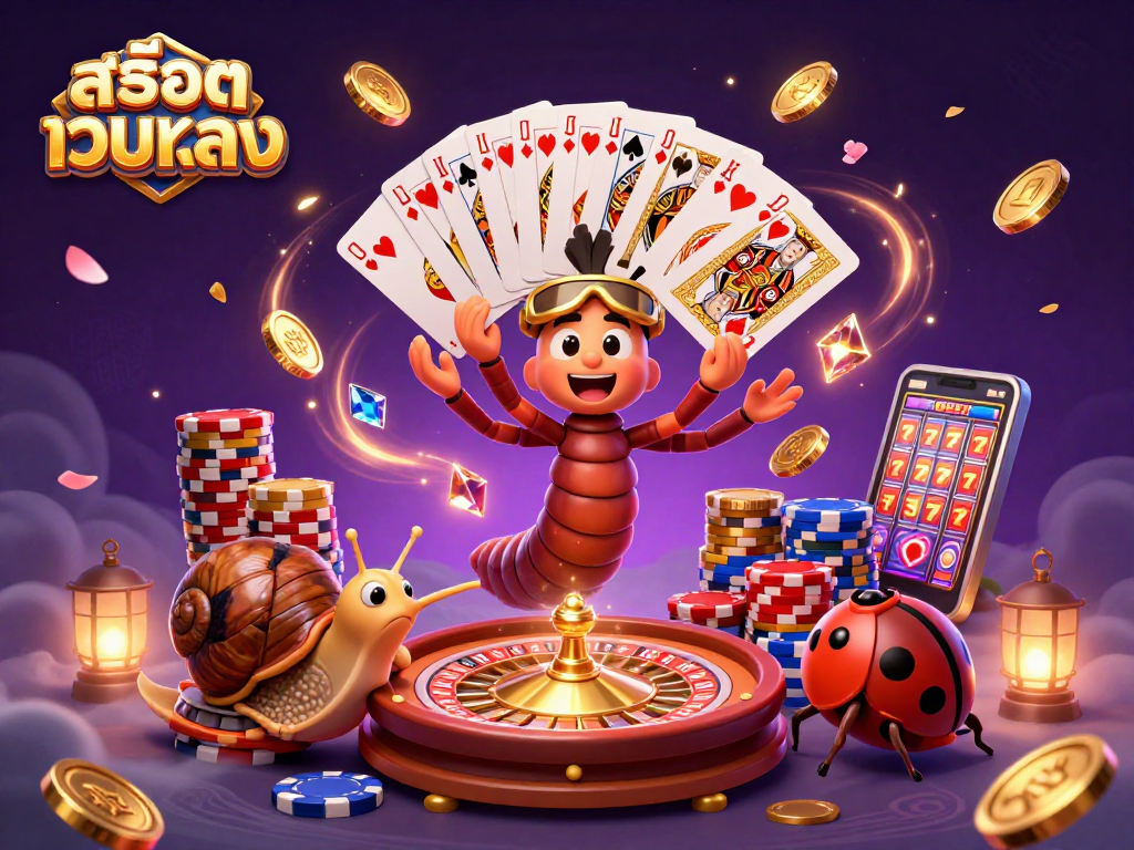 Experience thrilling action with สล็อตเว็บตรง as a cartoon millipede dealer showcases dazzling cards and chips.