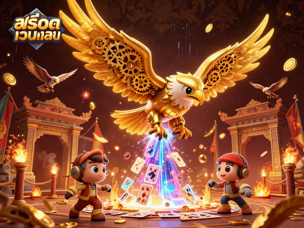 Experience the thrill of สล็อตเว็บตรง with an epic battle scene of a cybernetic eagle and cards.